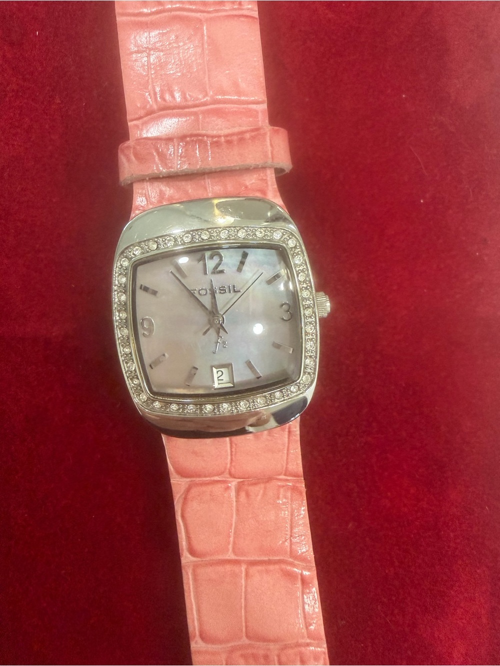 Fossil Pink Croc-Embossed Leather Strap Watch with Crystal Bezel